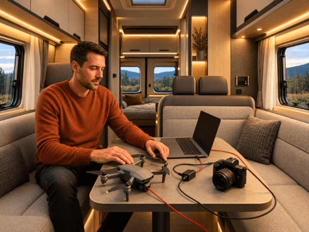 Geöffneter Laptop auf einem Tisch im Wohnmobil, verbunden mit einer 230V-Steckdose Laptop im Wohnmobil – 230V Stromversorgung für mobiles Arbeiten