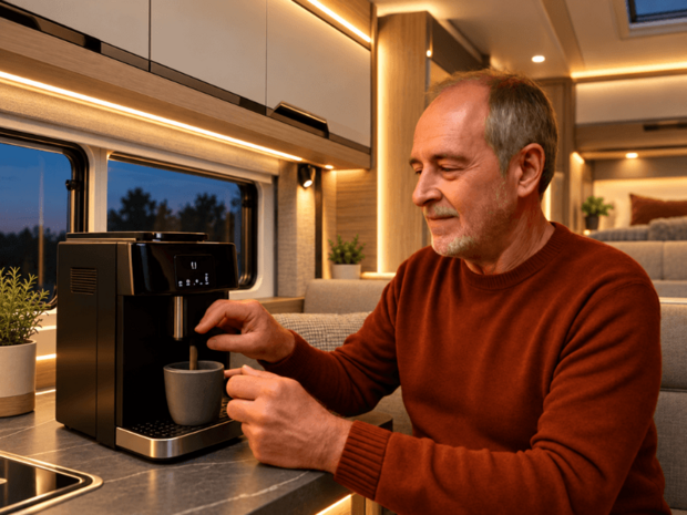 Kaffeemaschine im Wohnmobil wird über den Wechselrichter mit 230V versorgt Kaffeemaschine im Wohnmobil – 230V Stromversorgung dank Wechselrichter