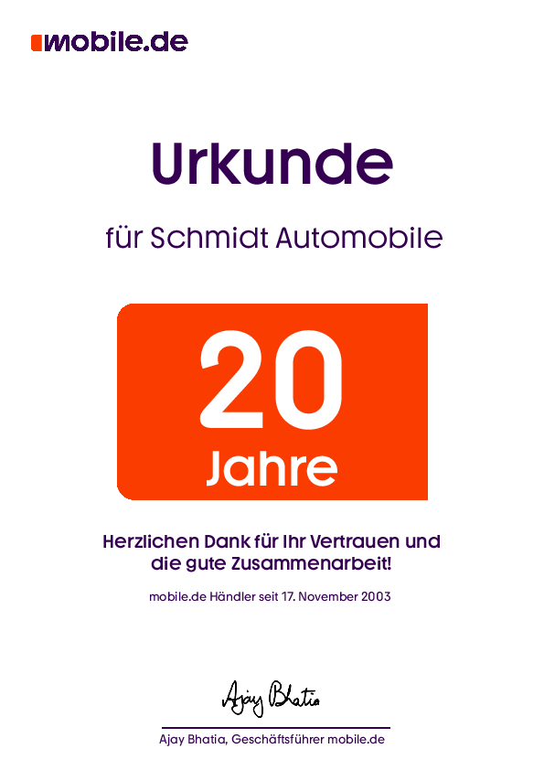 20 Jahre Urkunde Schmidt Automobile Wohnmobile 20 Jahre Urkunde Schmidt Automobile