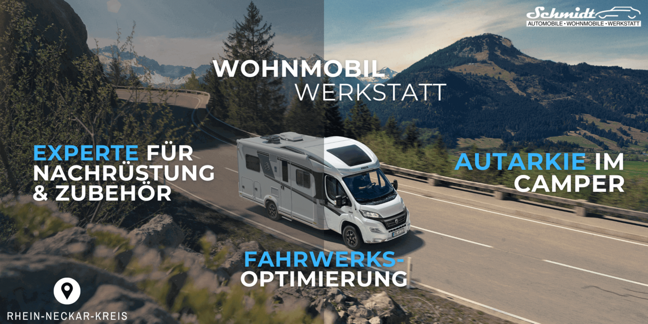 Wohnmobil Werkstatt – Autarkie, Fahrwerksoptimierung & Zubehör vom Experten in Altlußheim Wohnmobil in moderner Werkstatt mit Zubehör und Nachrüstungen für mehr Autarkie und Fahrkomfort