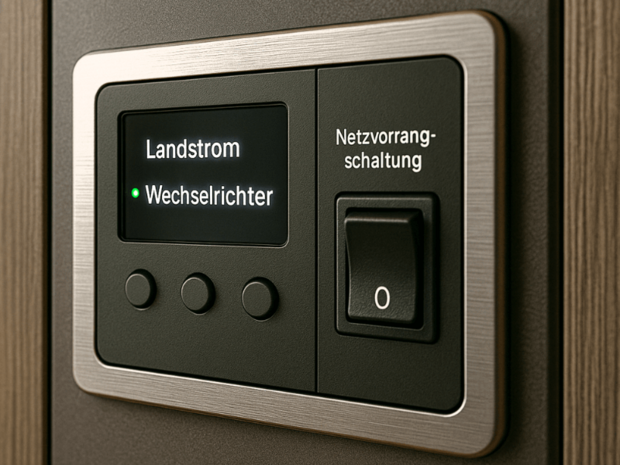 Hochwertiges Kontrollpanel mit aktiver Netzvorrangschaltung im Wohnmobil. Anzeige zeigt automatischen Wechsel von Wechselrichter auf Landstrom Netzvorrangschaltung im Wohnmobil – automatische Umschaltung zwischen Landstrom und Wechselrichter
