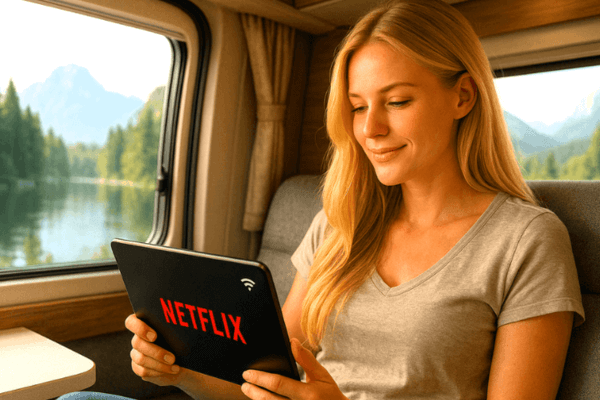 Blonde Frau streamt Netflix auf Tablet im Wohnmobil Mobiles Internet im Wohnmobil nachrüsten für Tablet-Streaming